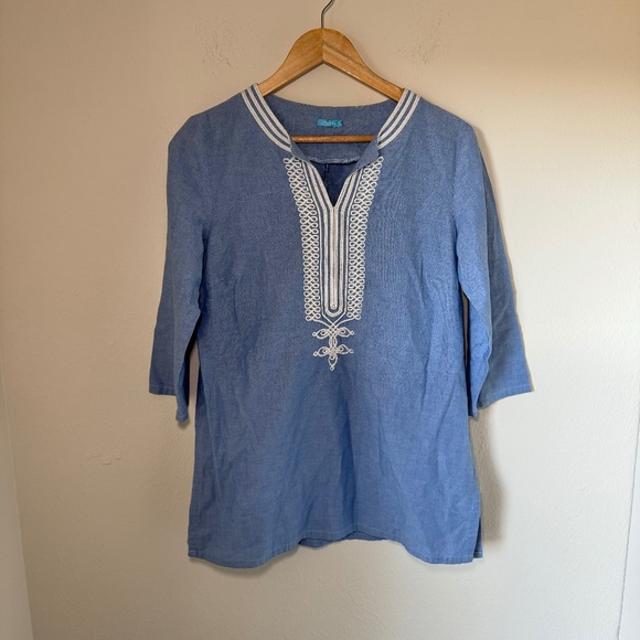 J. McLaughlin Tunic Top Women's Blue SM Embroidered Vacation Resort Preppy - Picture 1 of 5